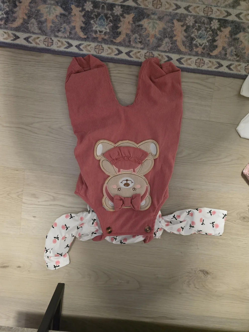 SHEIN Pink Corduroy Bear Applique One-Piece